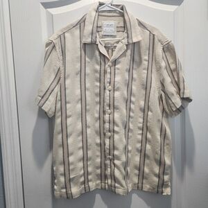 Denim & Flower Cream Short-Sleeve Button-Up Shirt with Blue & Brown Stripes